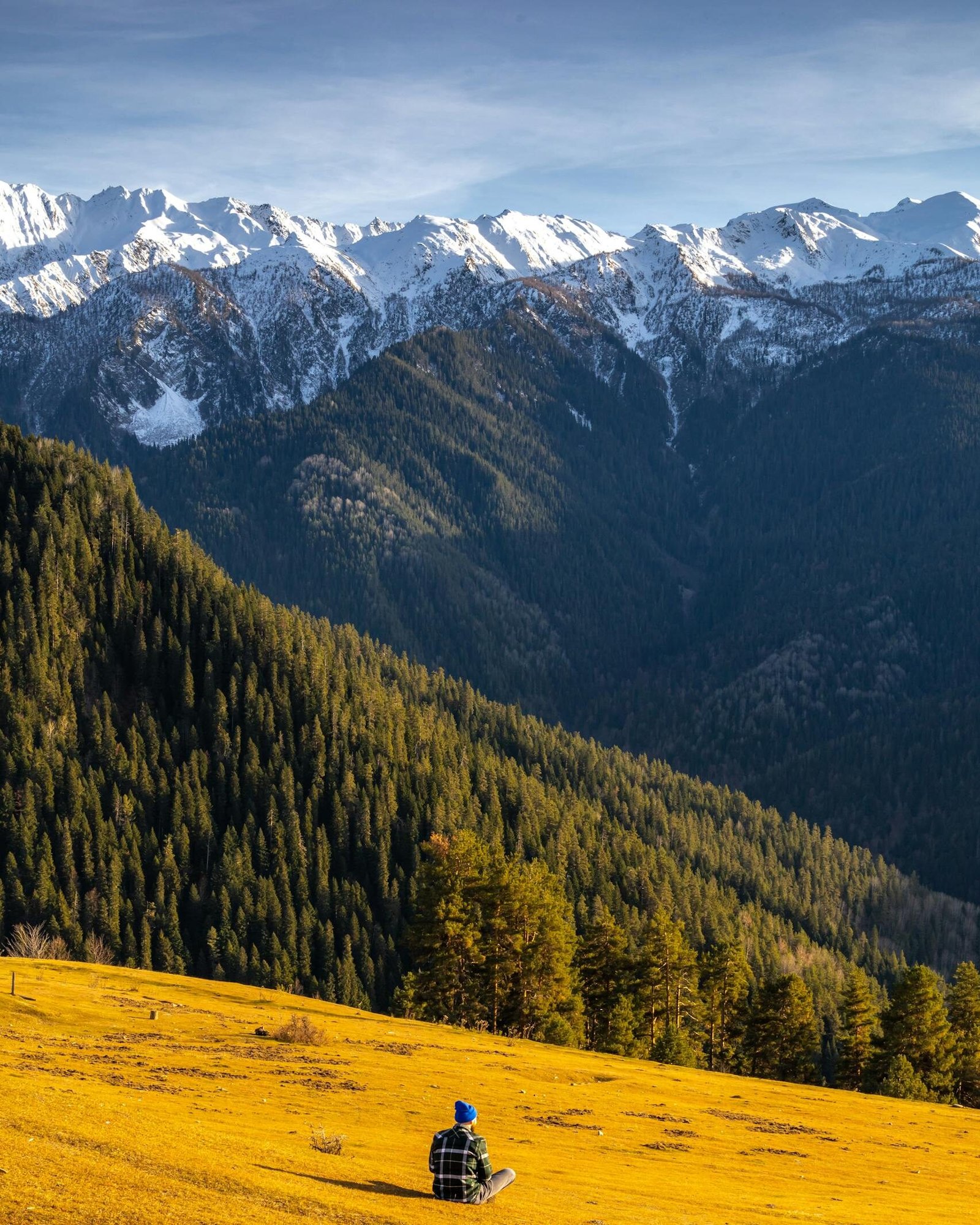 A lone figure sits in vast golden hills with snow-capped mountains.